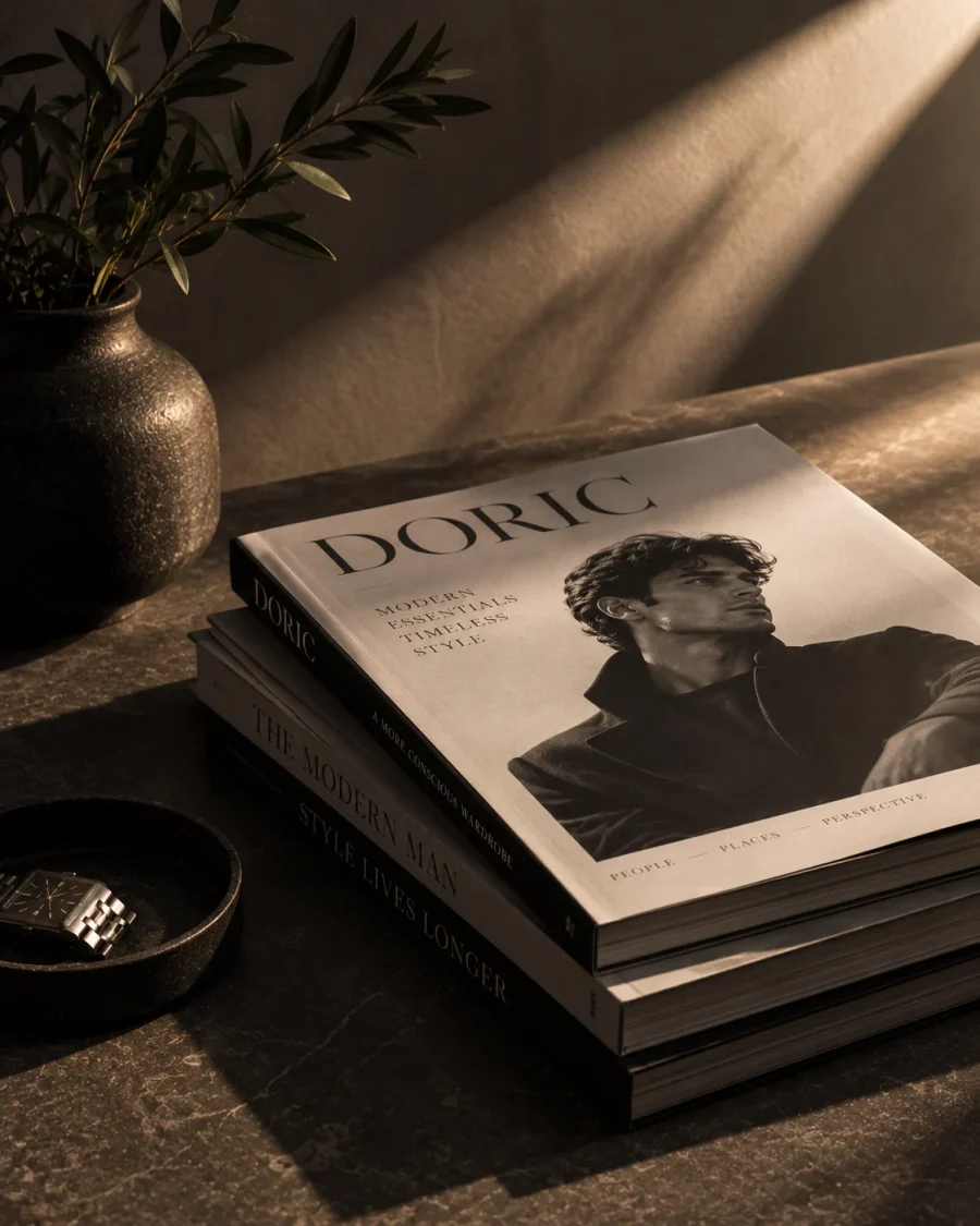 DORIC editorial volumes stacked on a dark stone table