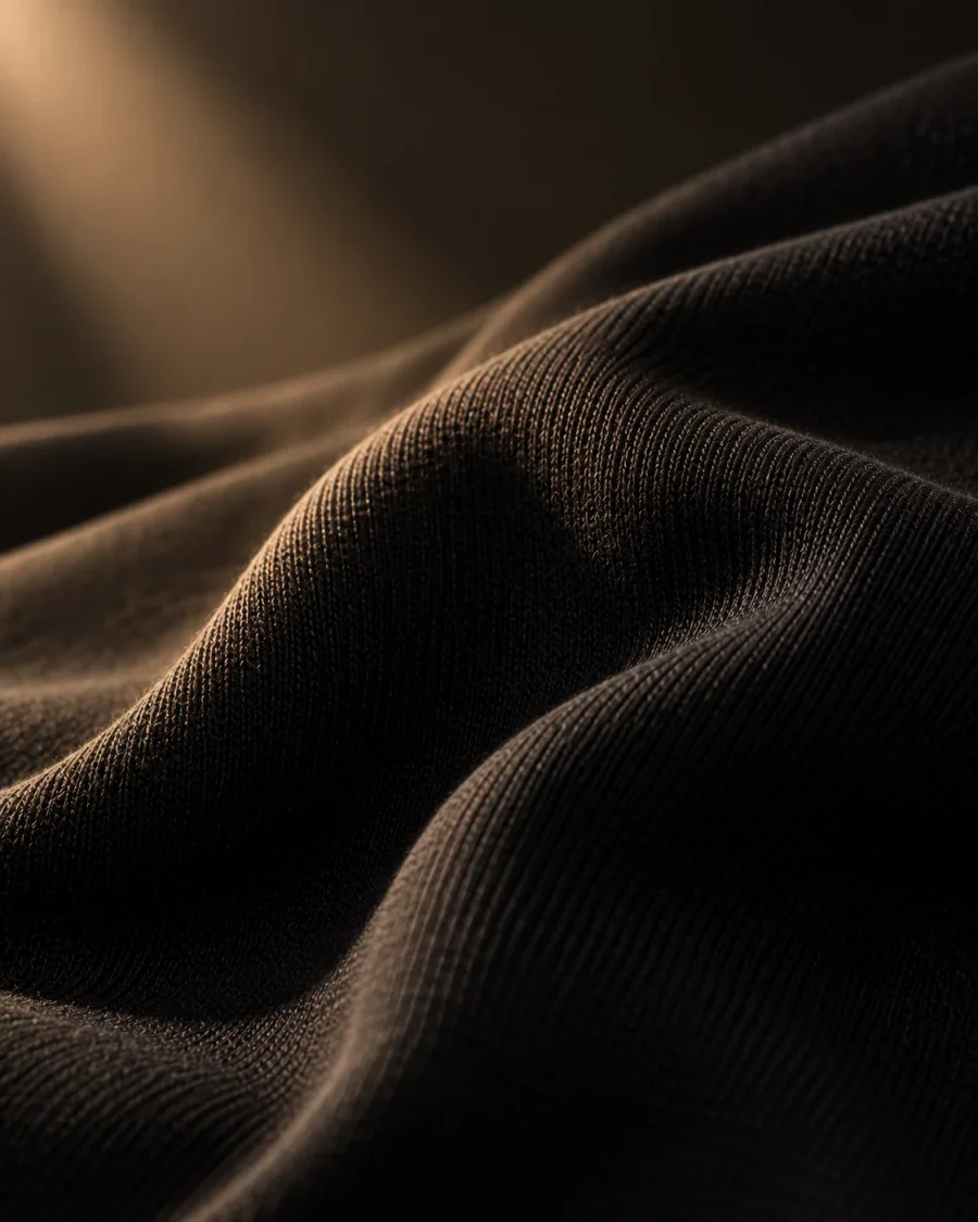 A macro view of DORIC knit fabric falling in low light