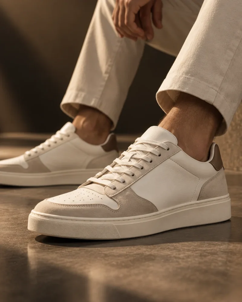 DORIC leather sneakers worn with cream trousers