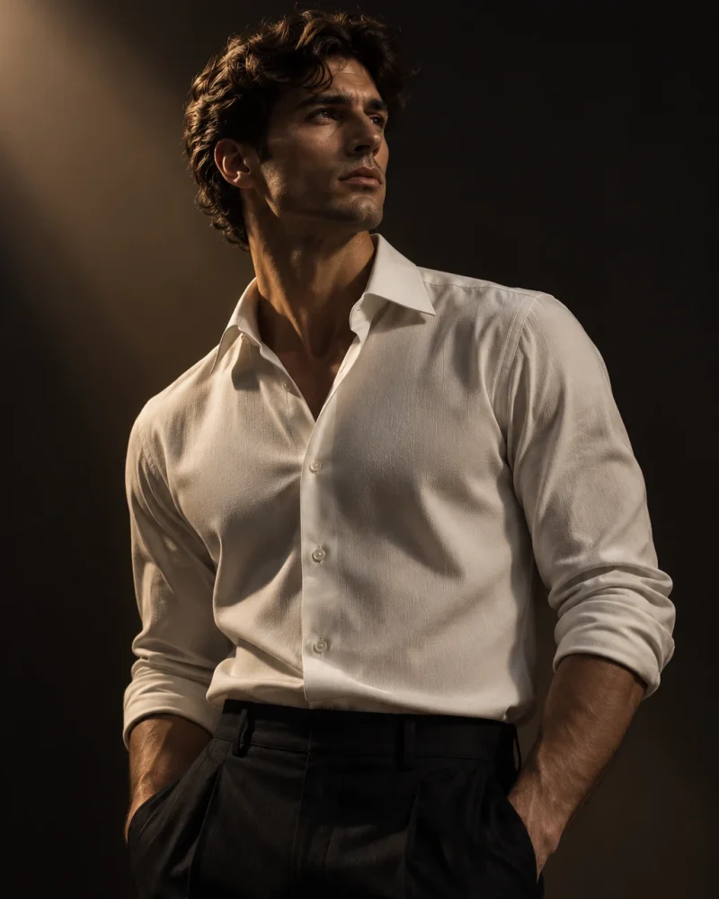 A man in a white DORIC shirt lit against a dark ground