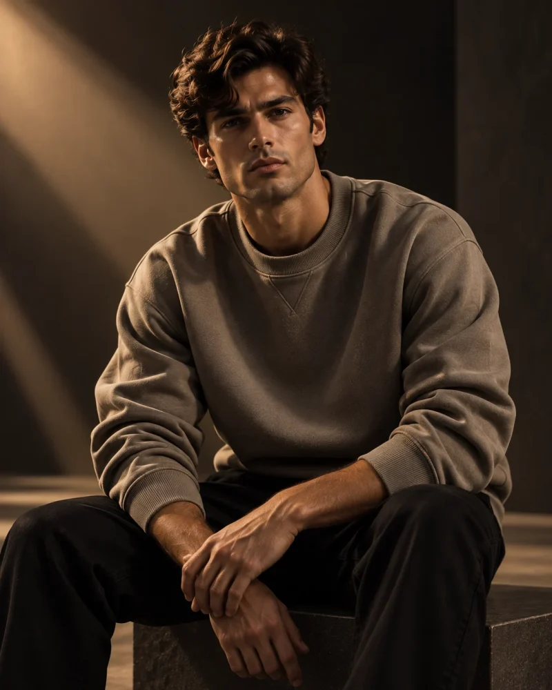 A man seated in a taupe DORIC sweatshirt