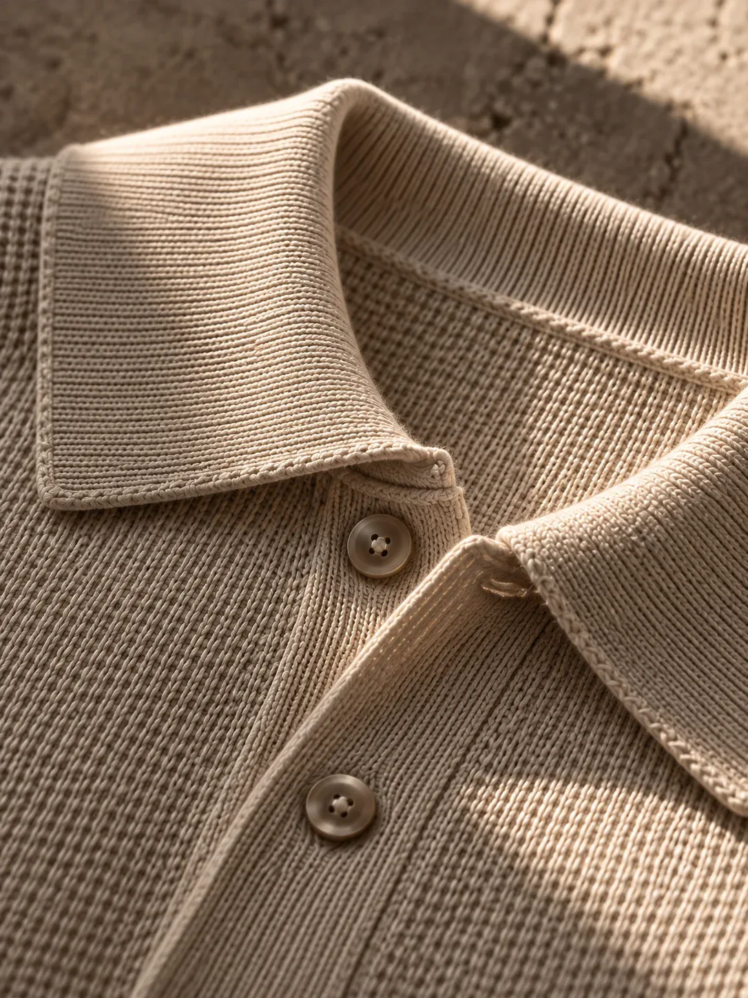 A close view of a knitted collar and horn buttons