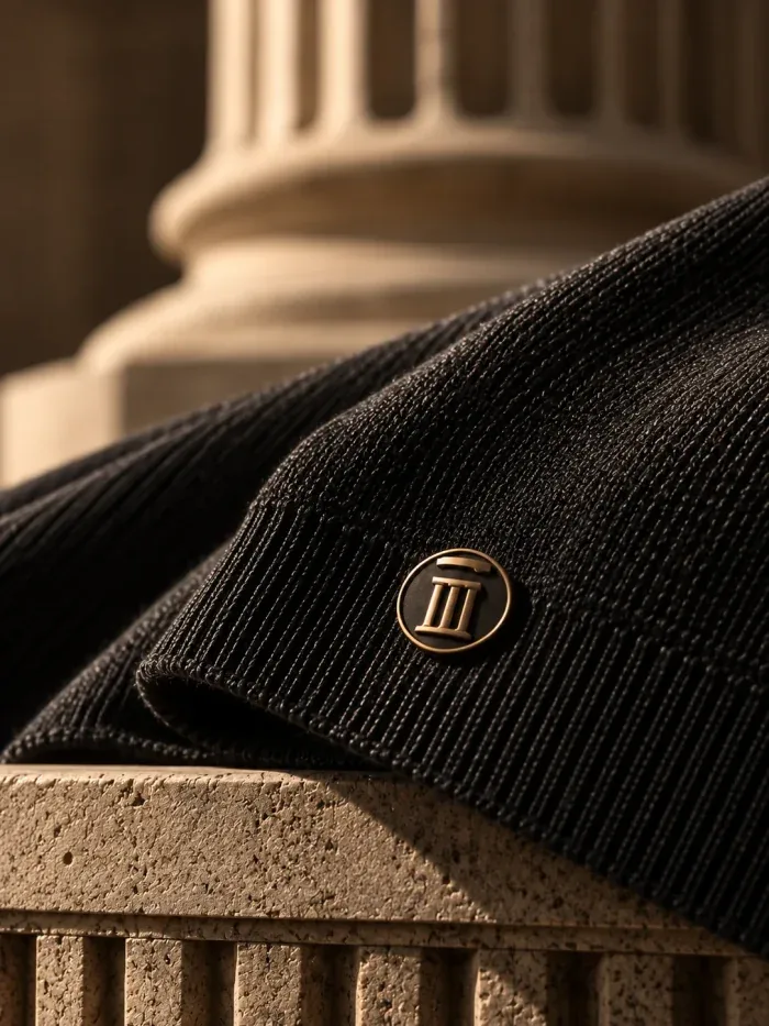 The bronze DORIC column mark on a black knit cuff