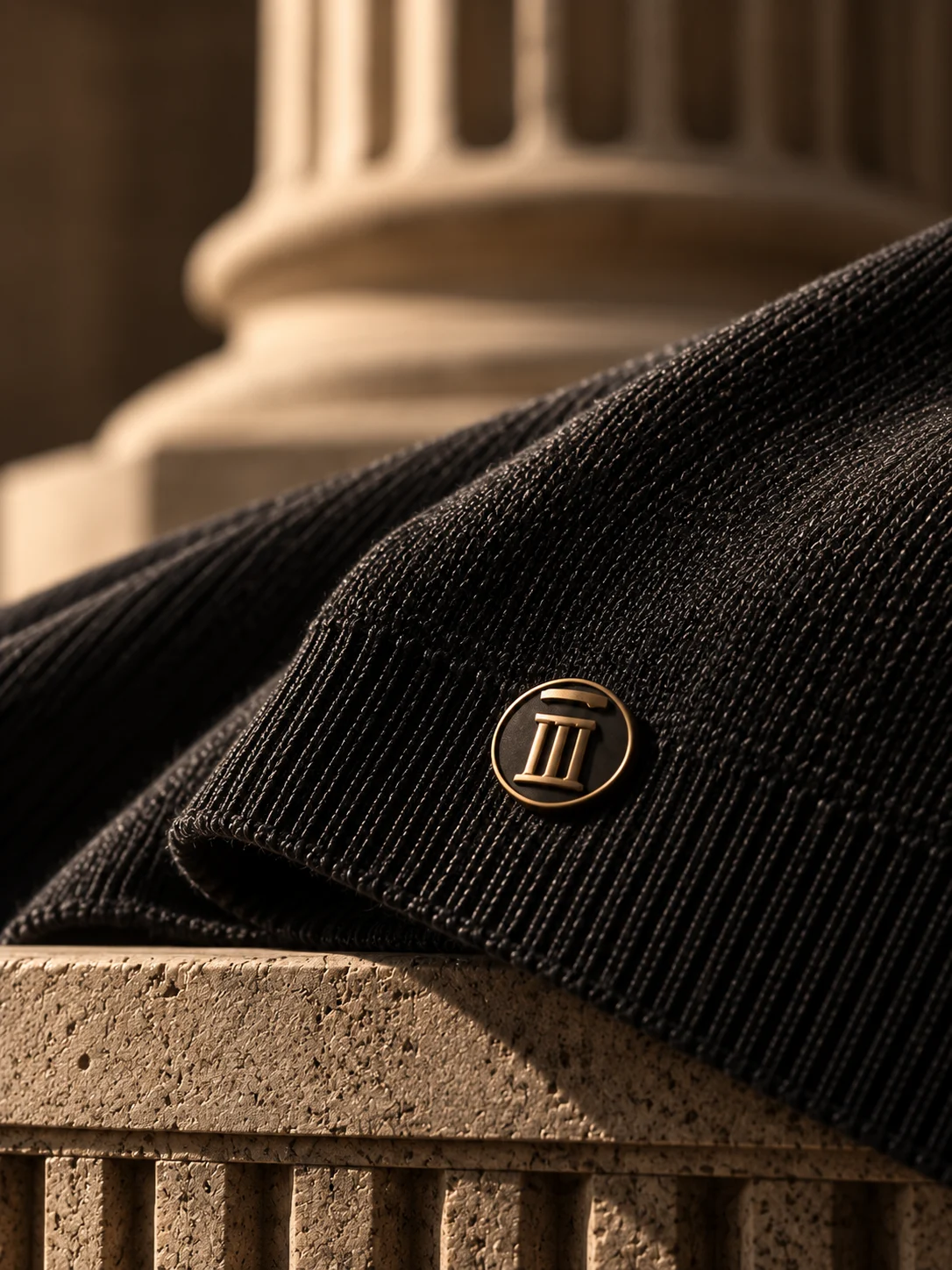 The bronze DORIC column mark on a black knit cuff