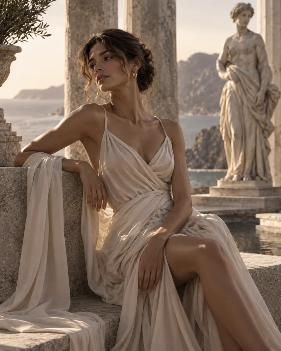 Aphrodite: a figure in flowing silk beside the sea at golden hour