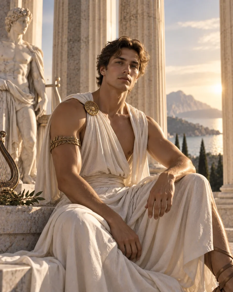 Apollo: a figure in ivory drapery with a lyre at sunset