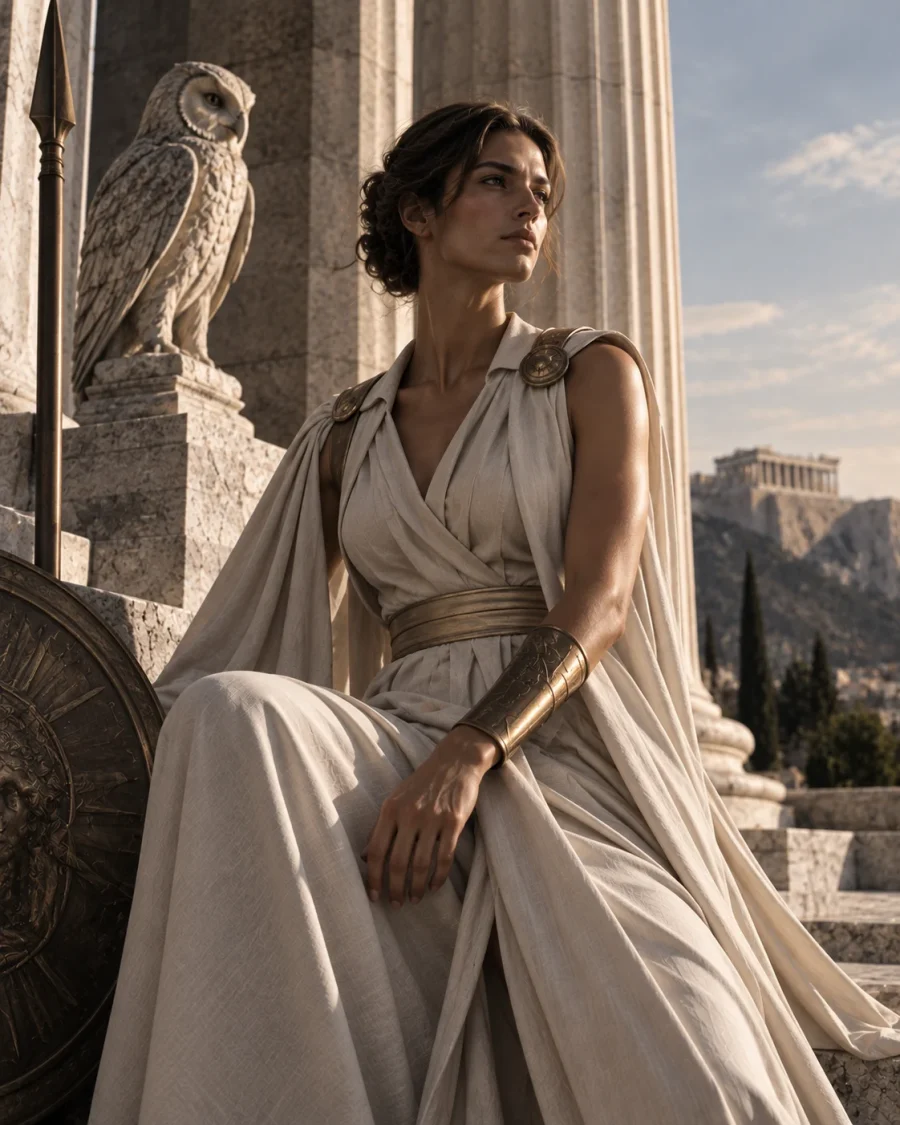 Ares: a figure in ivory drapery with a spear and shield on temple steps