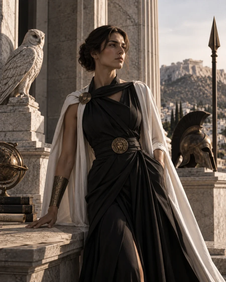 Athena: a figure in black and ivory drapery with an owl and a helm