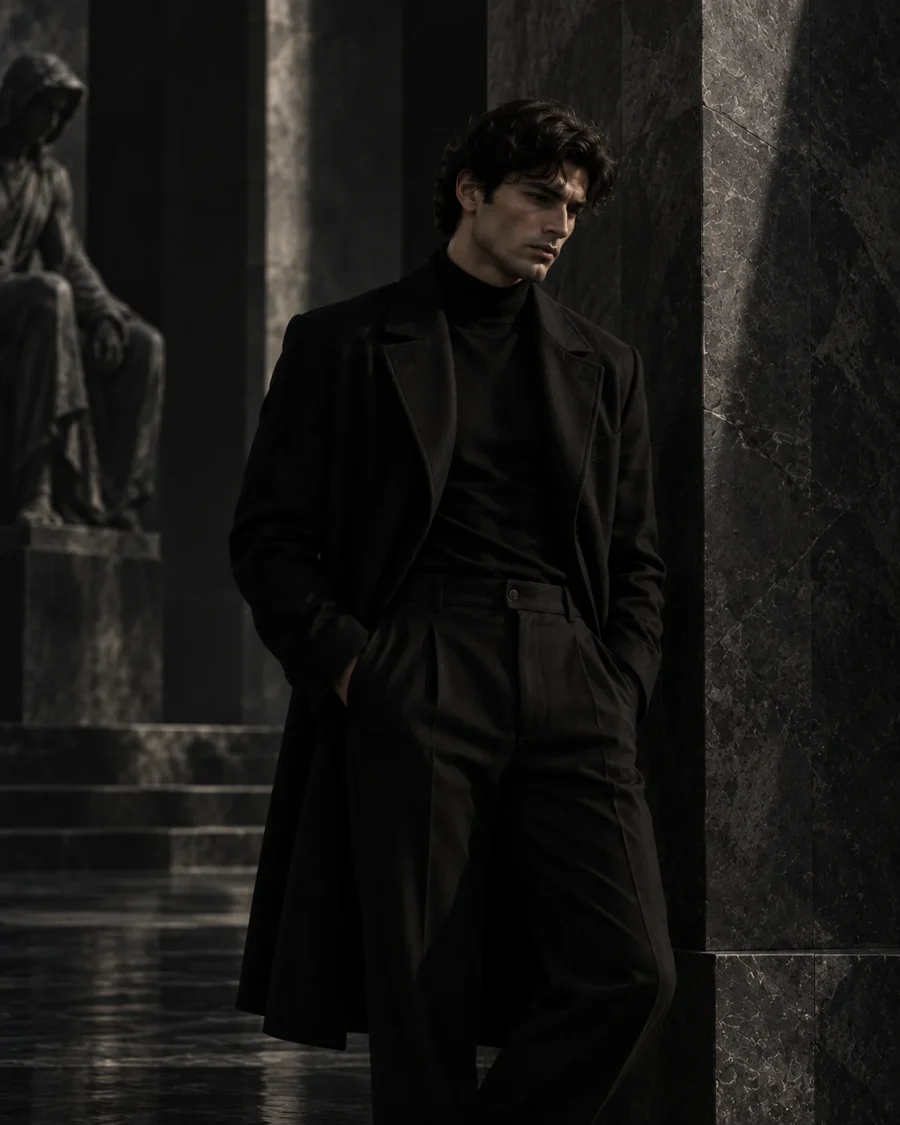 Hades: a figure in a black overcoat among dark marble columns