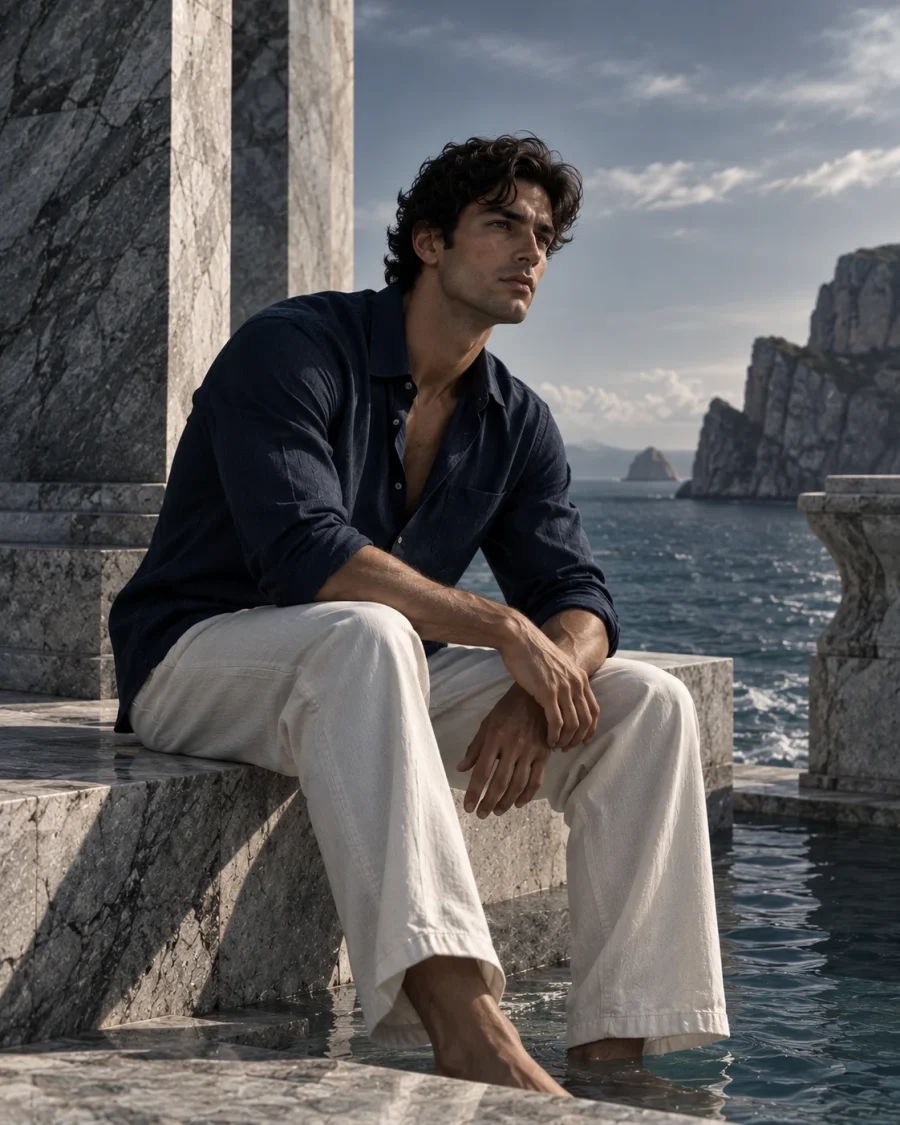 Poseidon: a figure in navy seated on marble at the water edge