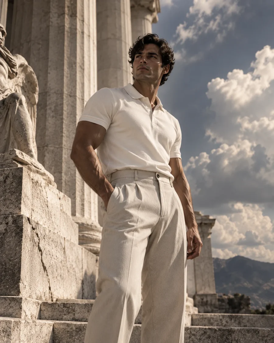 Zeus: a figure in a white DORIC polo on temple steps beneath an open sky