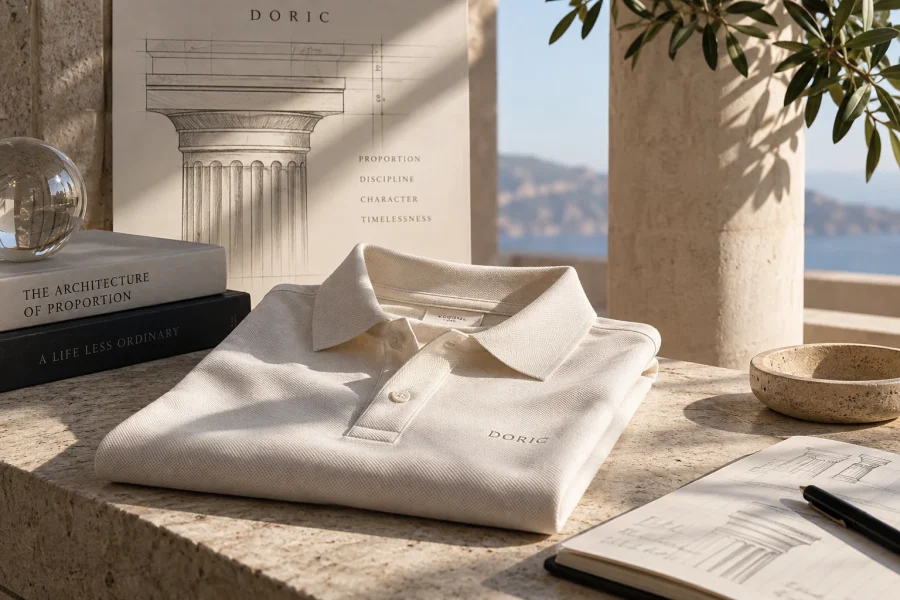 A Doric column study beside a folded cream polo and architecture books