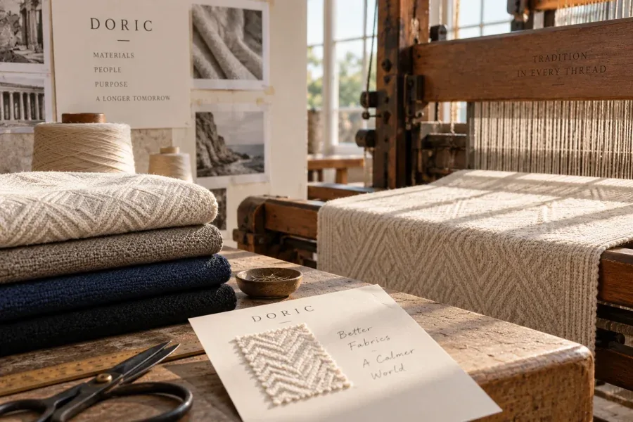 A weaving loom with yarn cones, folded knits and a jacquard swatch card