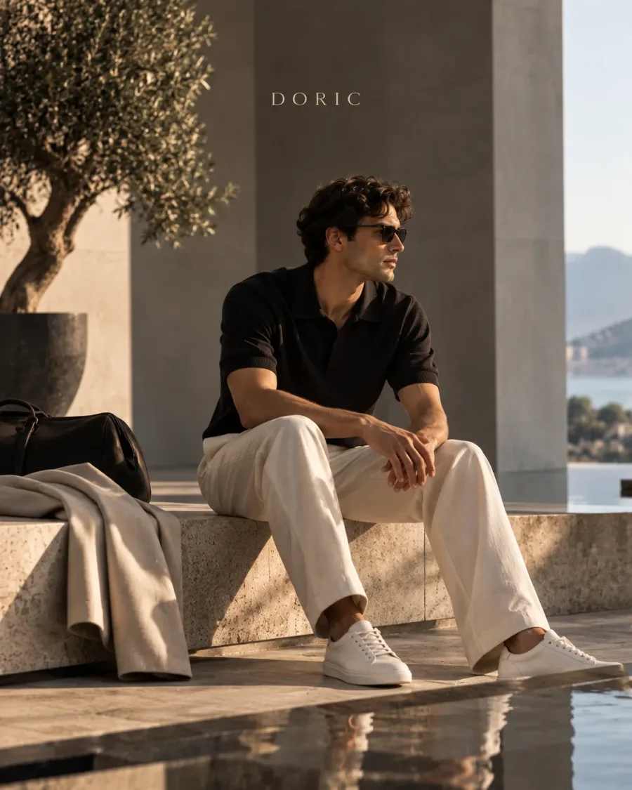 A man in a black polo and cream trousers beside a pool at golden hour