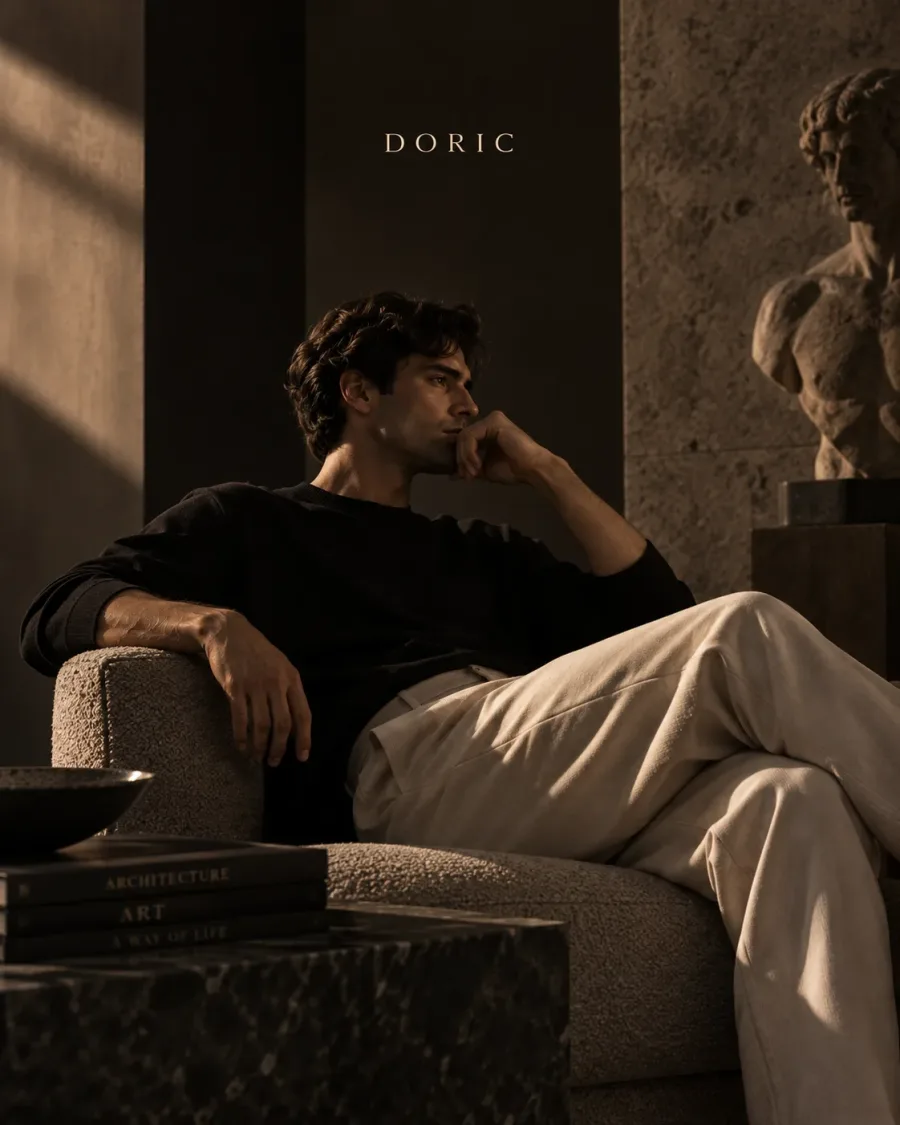 A man in a black knit and cream trousers seated in a sculpture room