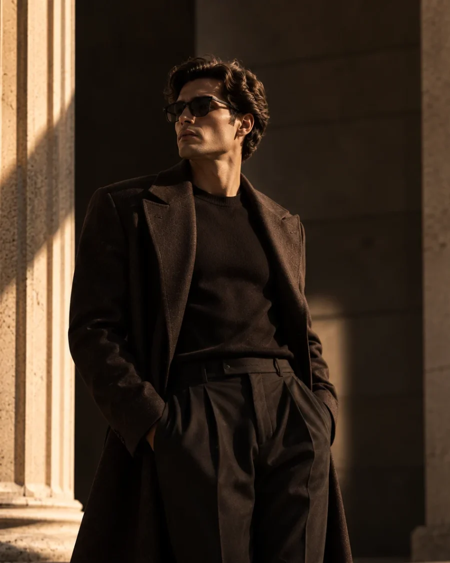 A man in a dark DORIC overcoat beside fluted stone columns
