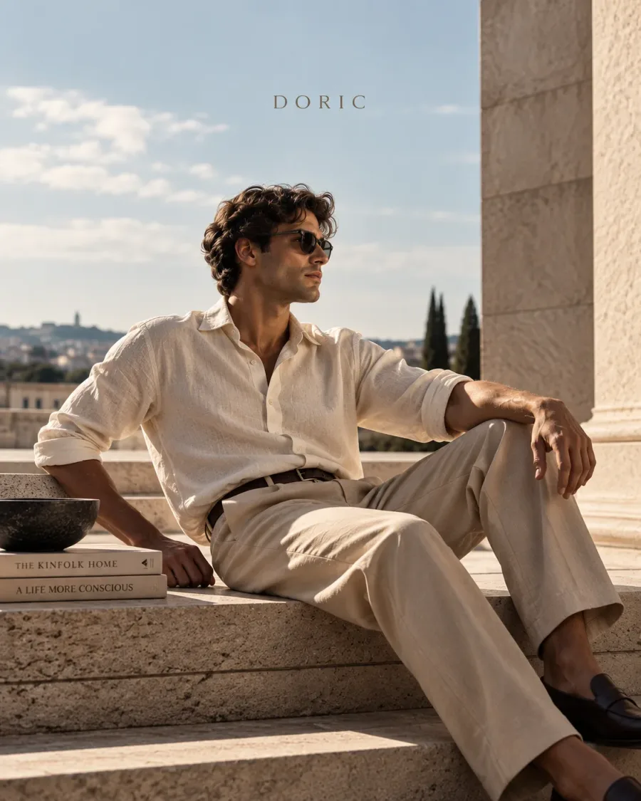 A man in cream linen seated on temple steps above a city
