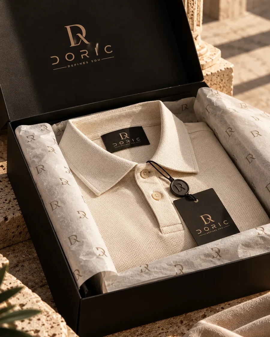 The box open: a cream polo folded in monogrammed tissue with the DORIC hang tag