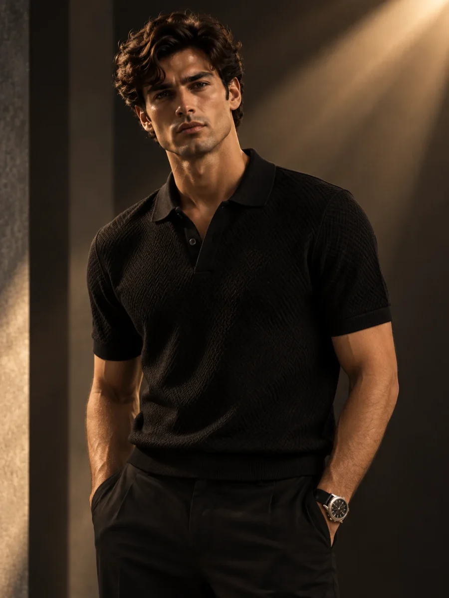 The Zeus Textured Polo in black, worn with dark trousers