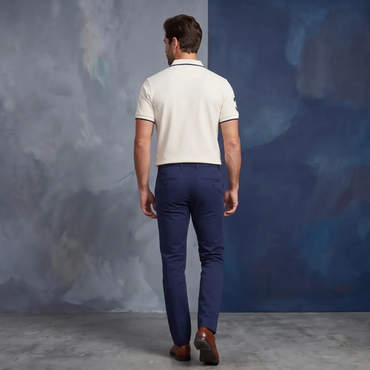 Panel Polo - Ivory & Navy, worn, back view