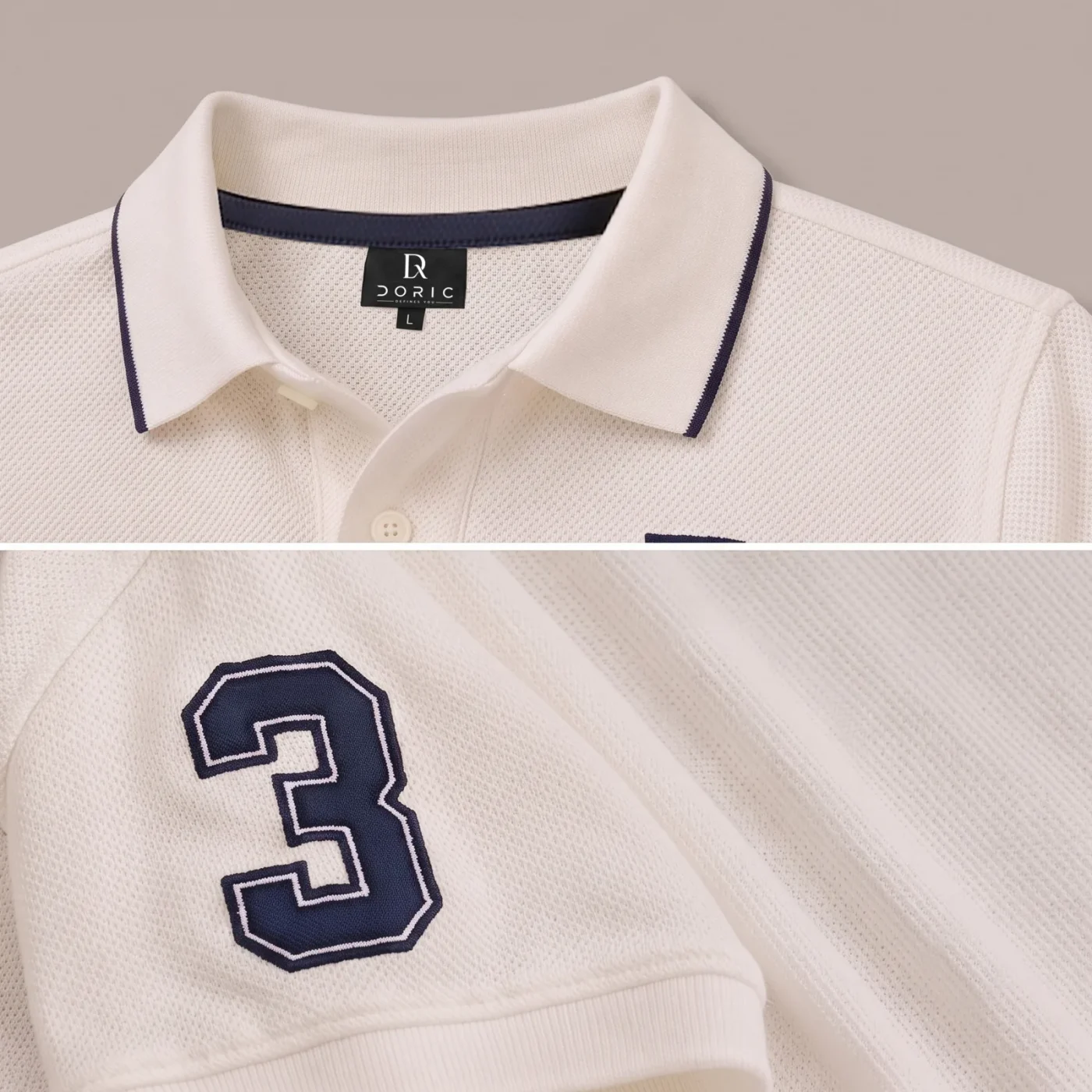 Panel Polo - Ivory & Navy, collar, embroidery and hem detail