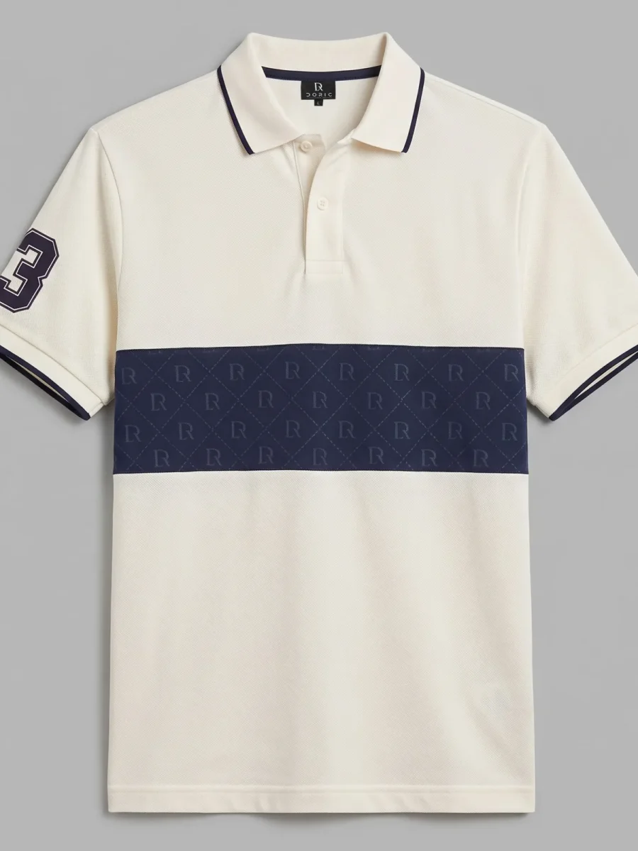 Panel Polo - Ivory & Navy, photographed flat, front