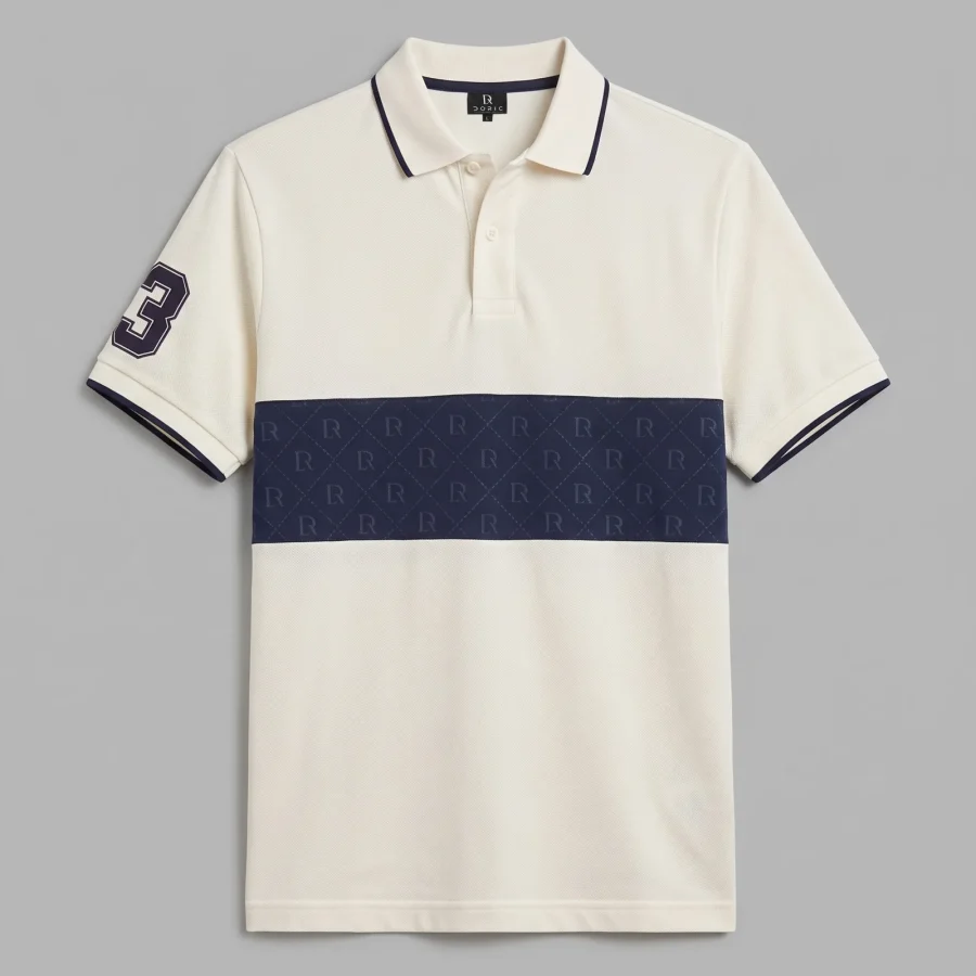 Panel Polo - Ivory & Navy, photographed flat, front