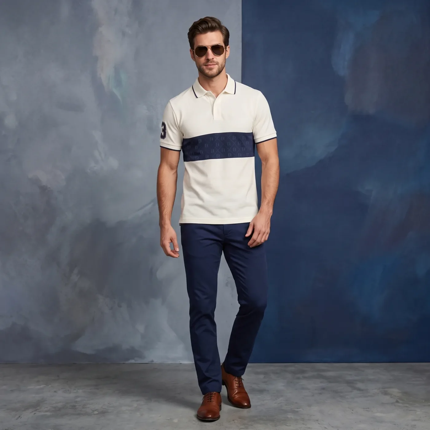 Panel Polo - Ivory & Navy, worn, front view