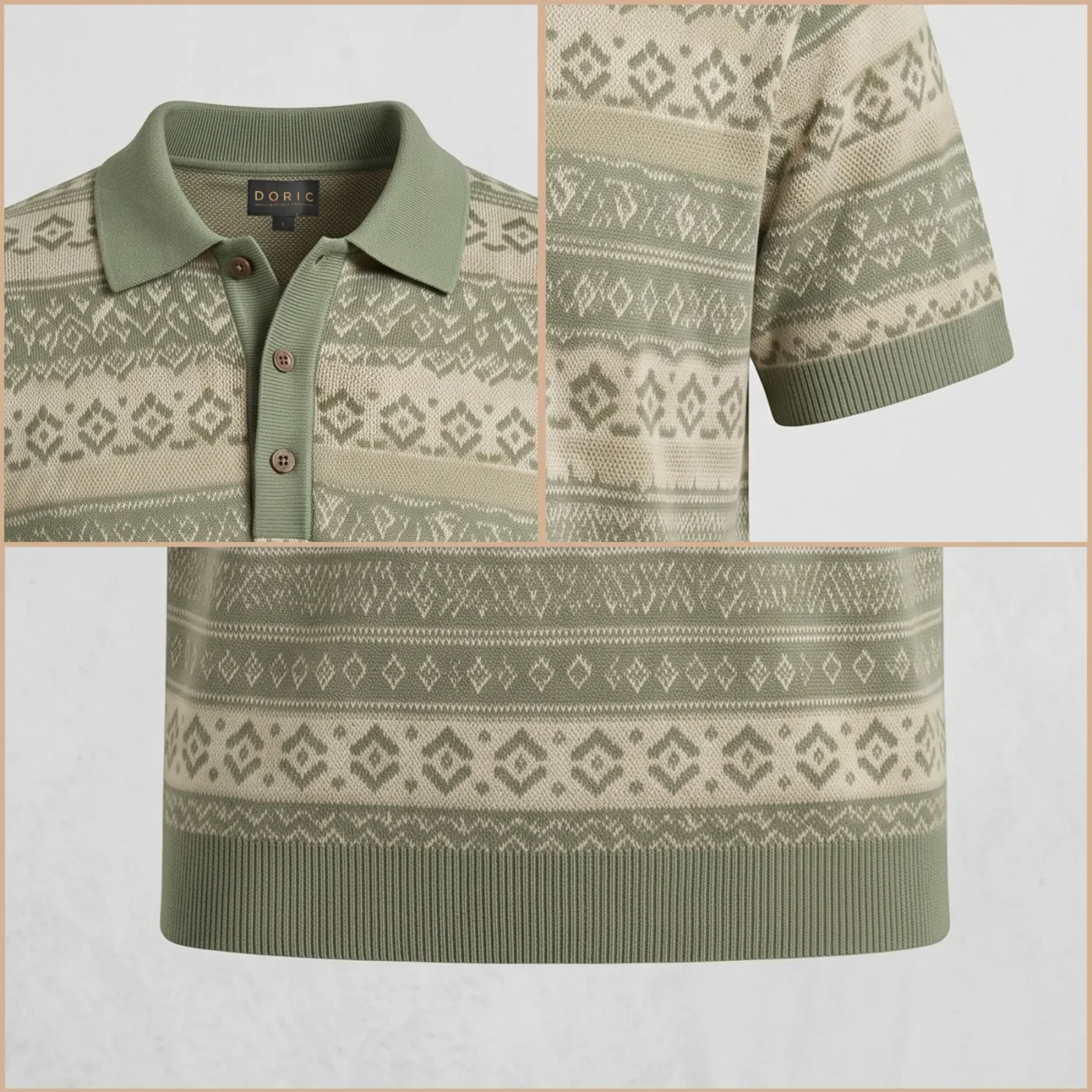 Patterned Knit Polo - Sage, collar, embroidery and hem detail