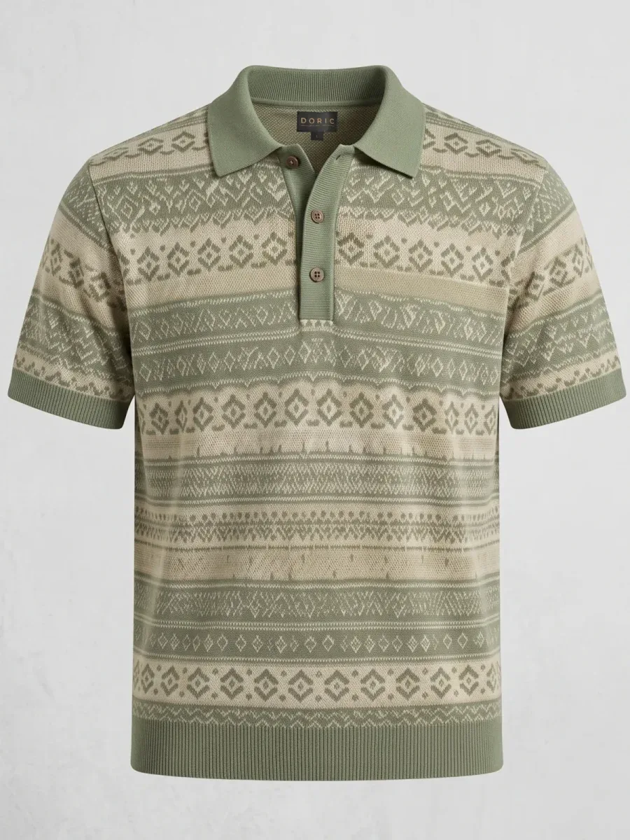 Patterned Knit Polo - Sage, photographed flat, front