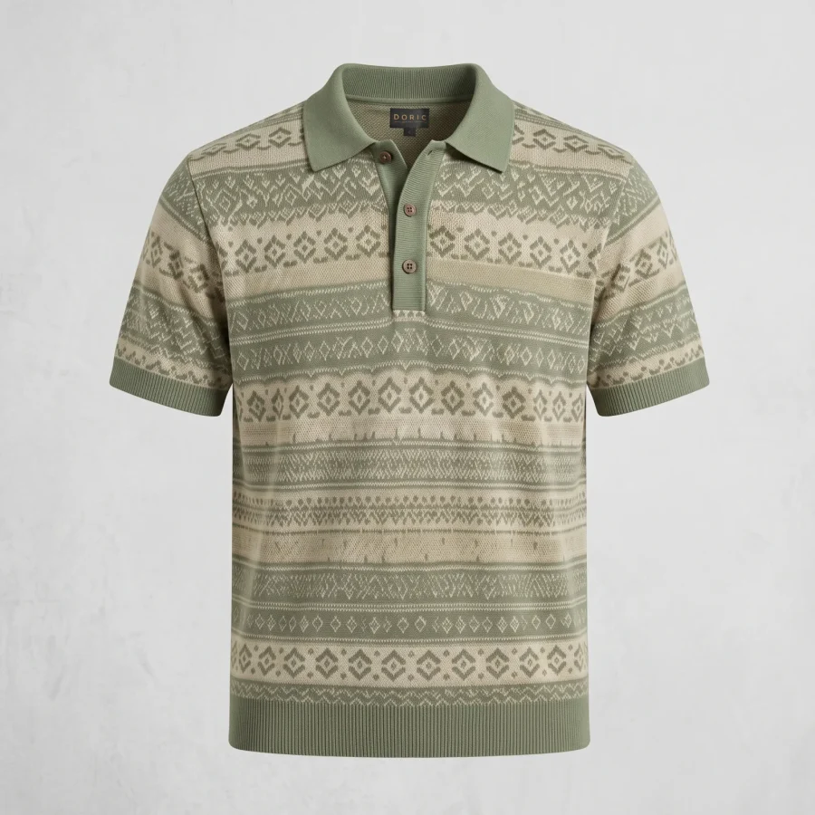 Patterned Knit Polo - Sage, photographed flat, front