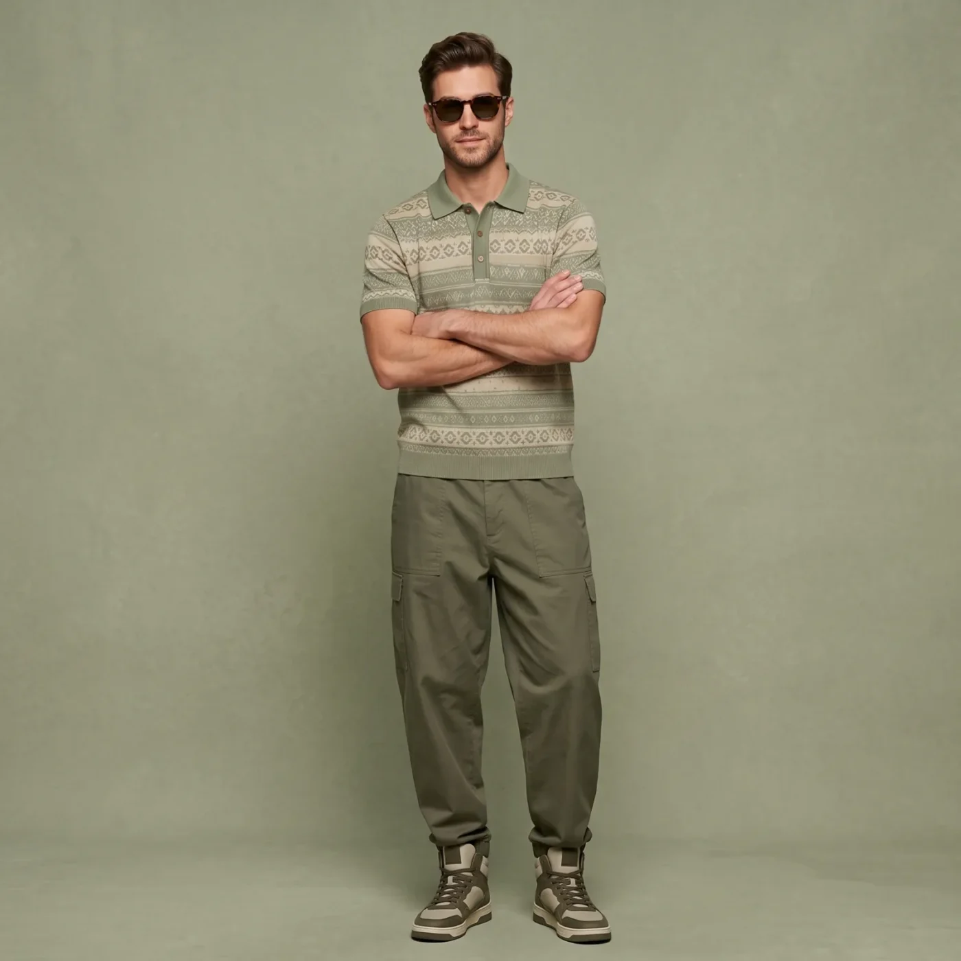 Patterned Knit Polo - Sage, worn, front view