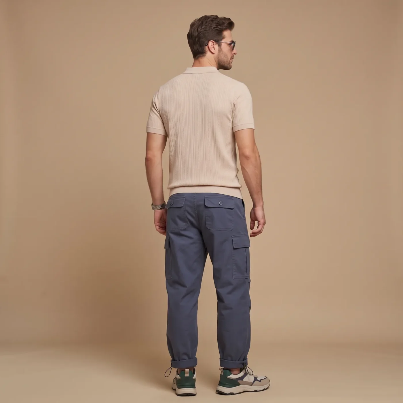 Ribbed Knit Polo - Sand, worn, back view