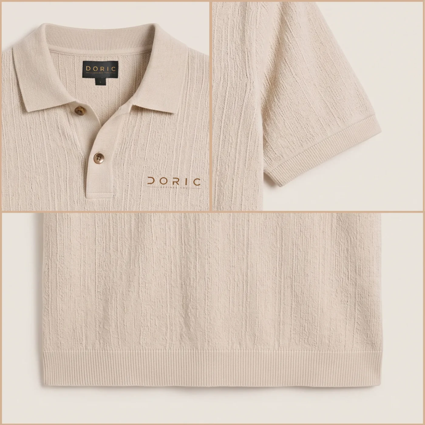 Ribbed Knit Polo - Sand, collar, embroidery and hem detail