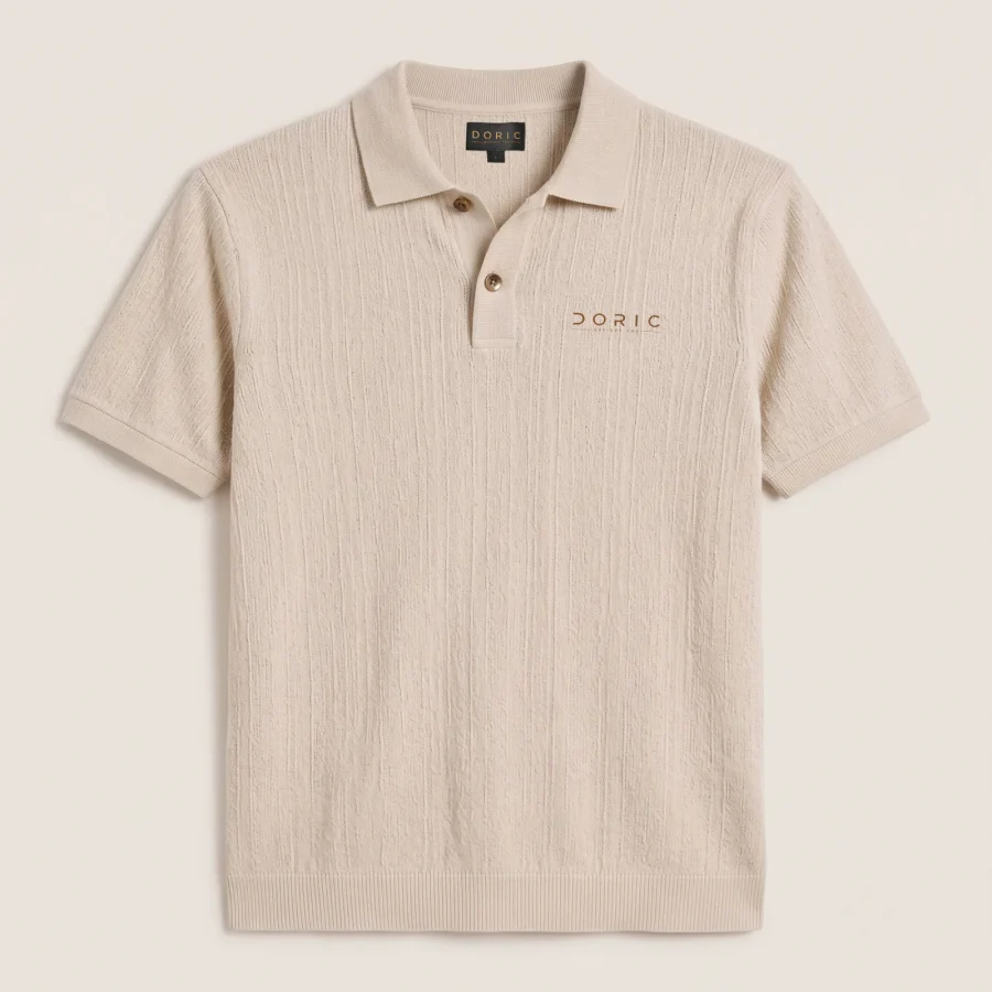 Ribbed Knit Polo - Sand, photographed flat, front