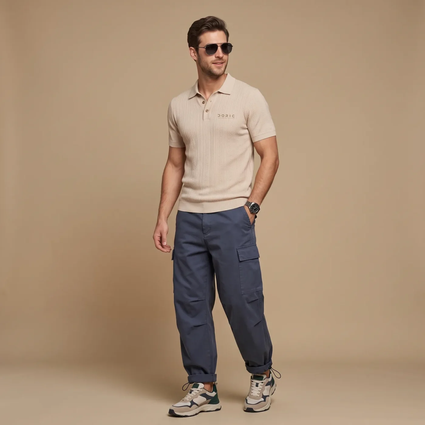 Ribbed Knit Polo - Sand, worn, front view