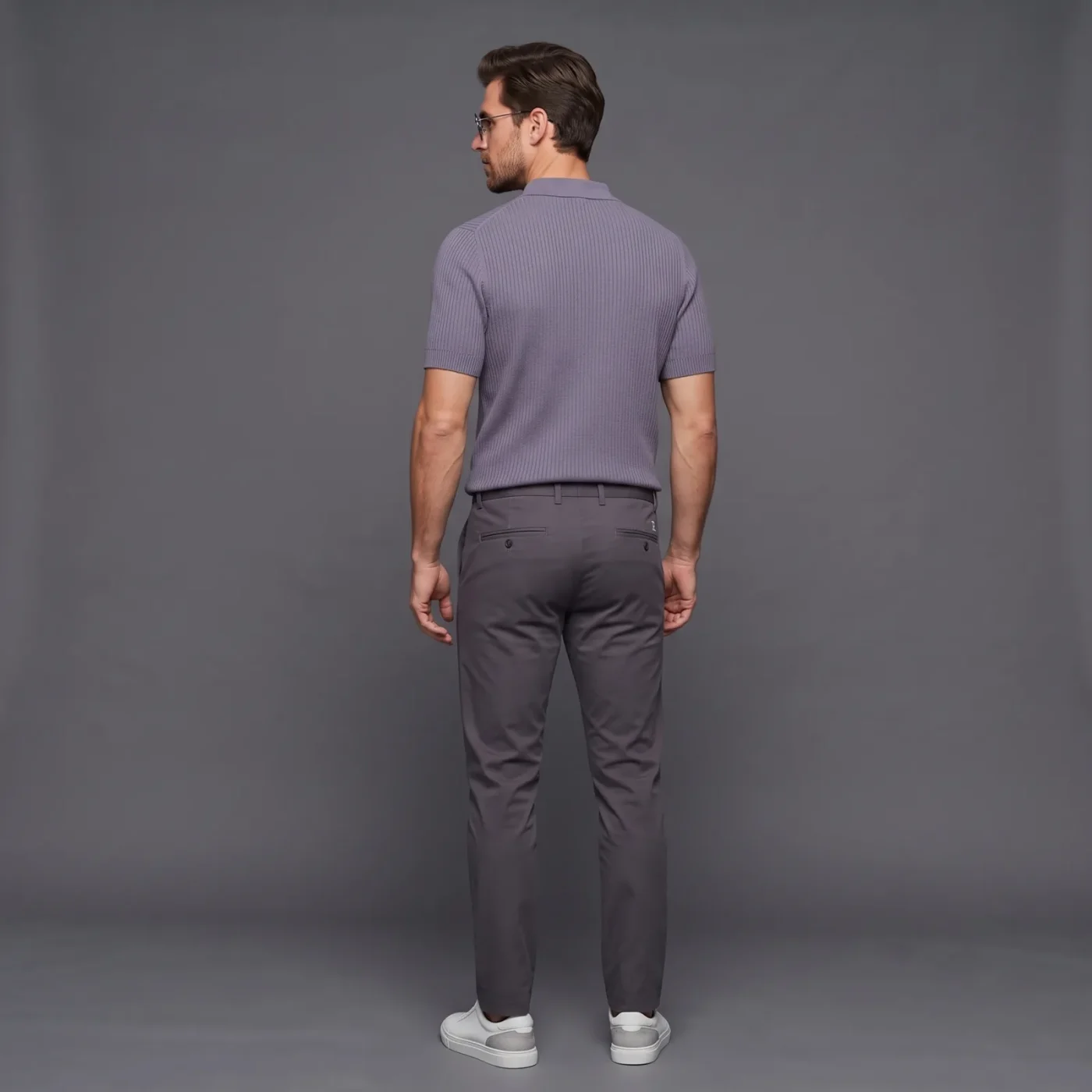 Ribbed Knit Polo - Slate, worn, back view