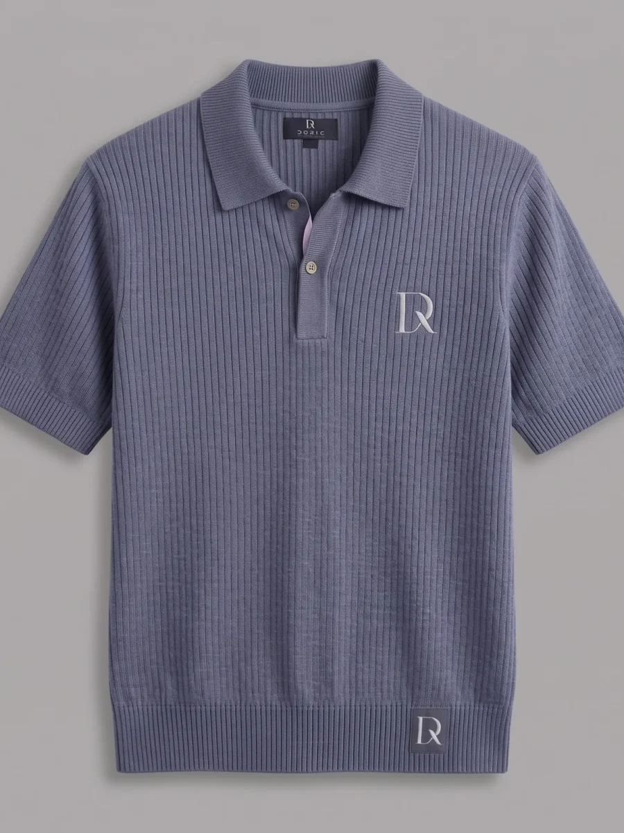 Ribbed Knit Polo - Slate, photographed flat, front