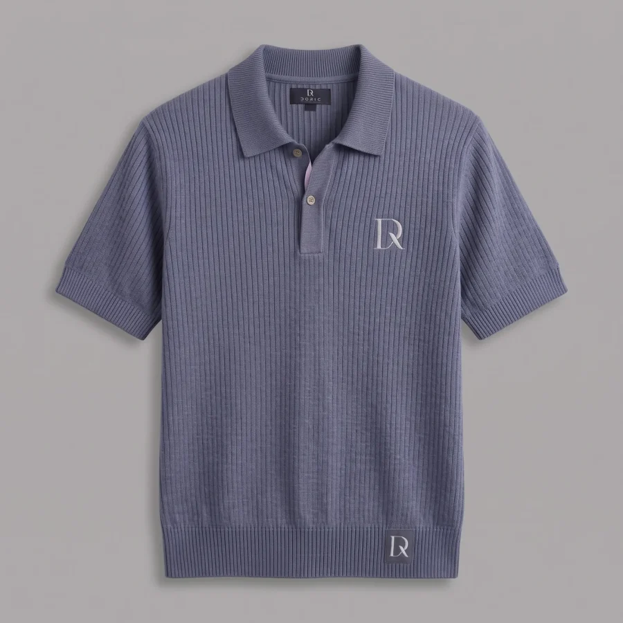 Ribbed Knit Polo - Slate, photographed flat, front