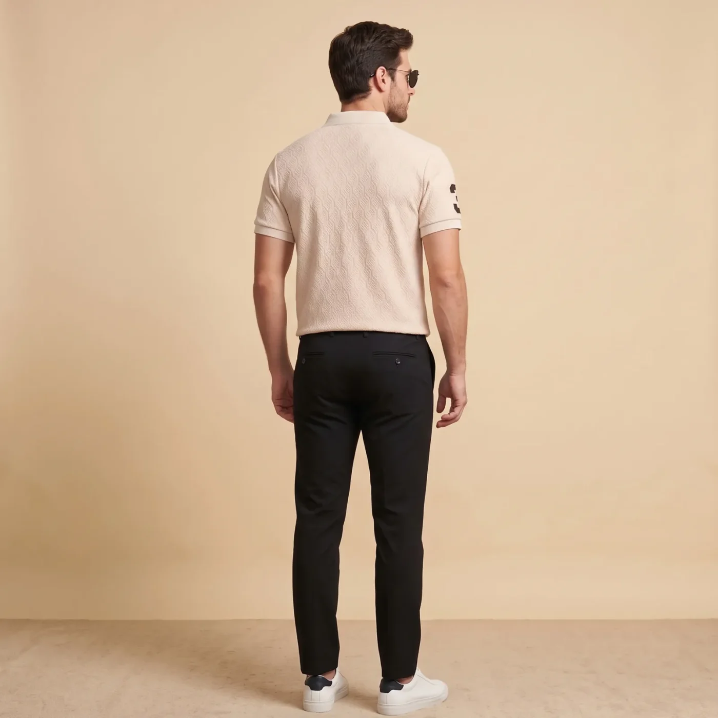 Textured Knit Polo - Oat, worn, back view
