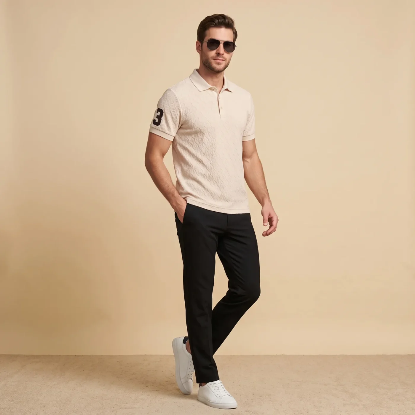 Textured Knit Polo - Oat, worn, front view