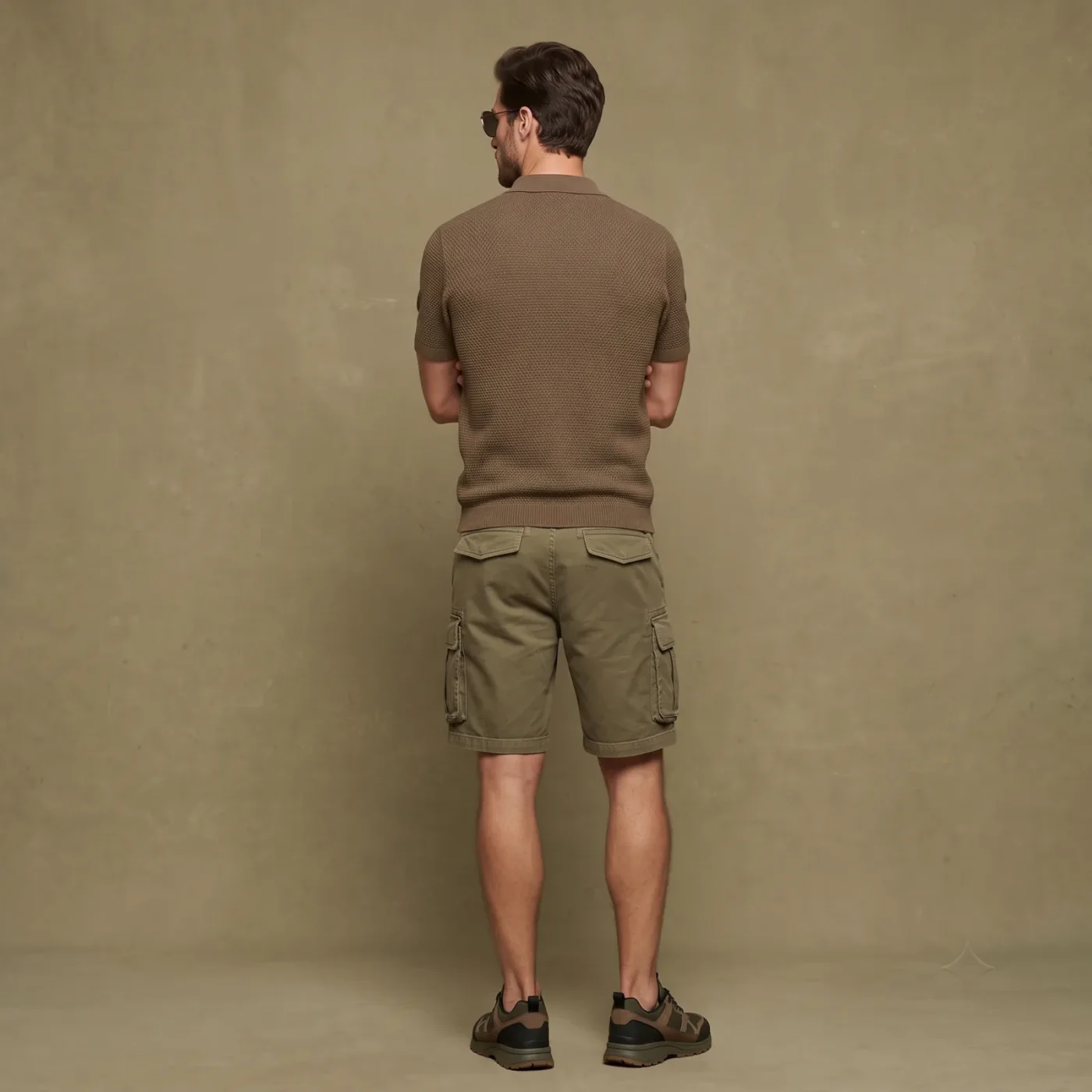 Textured Knit Polo - Olive, worn, back view