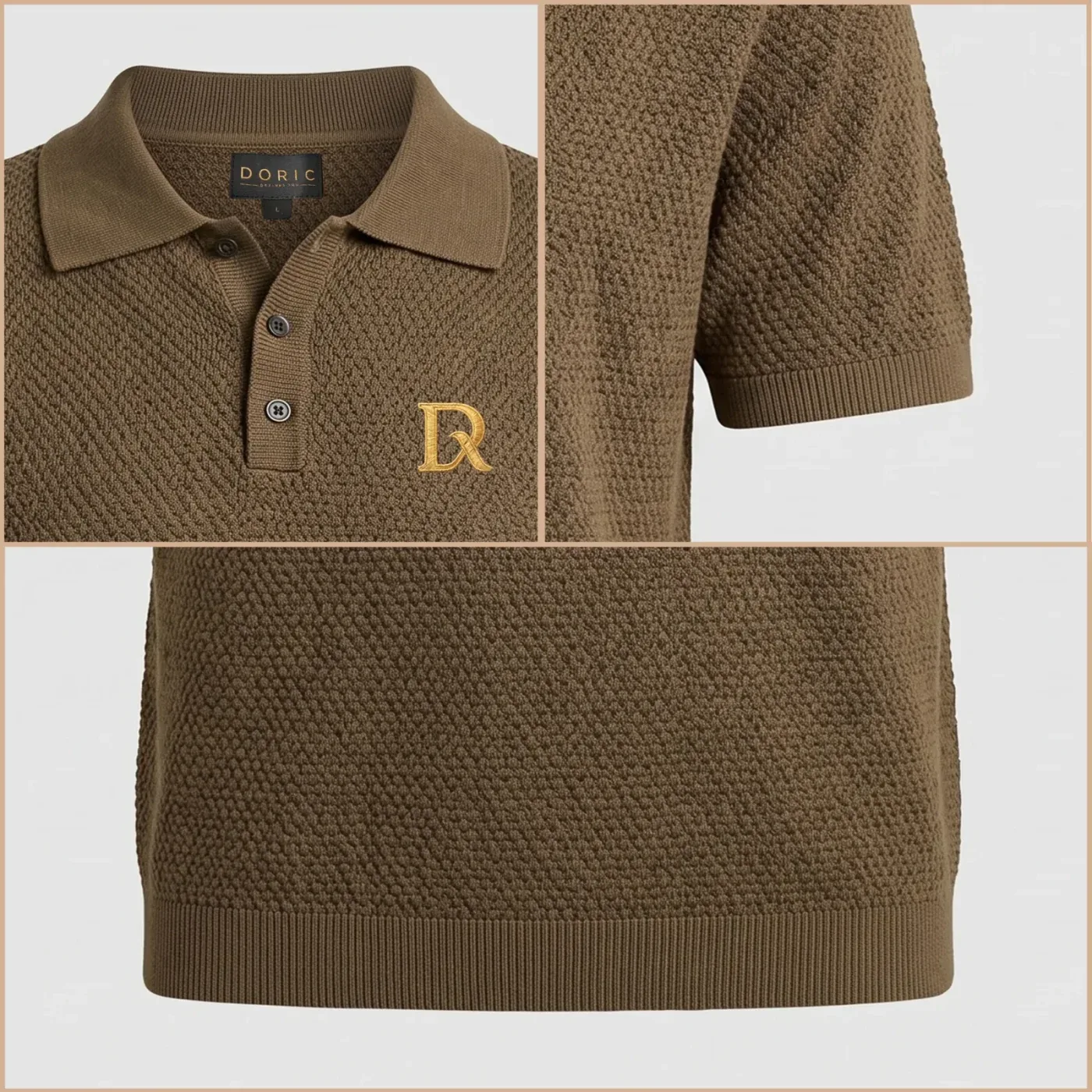 Textured Knit Polo - Olive, collar, embroidery and hem detail