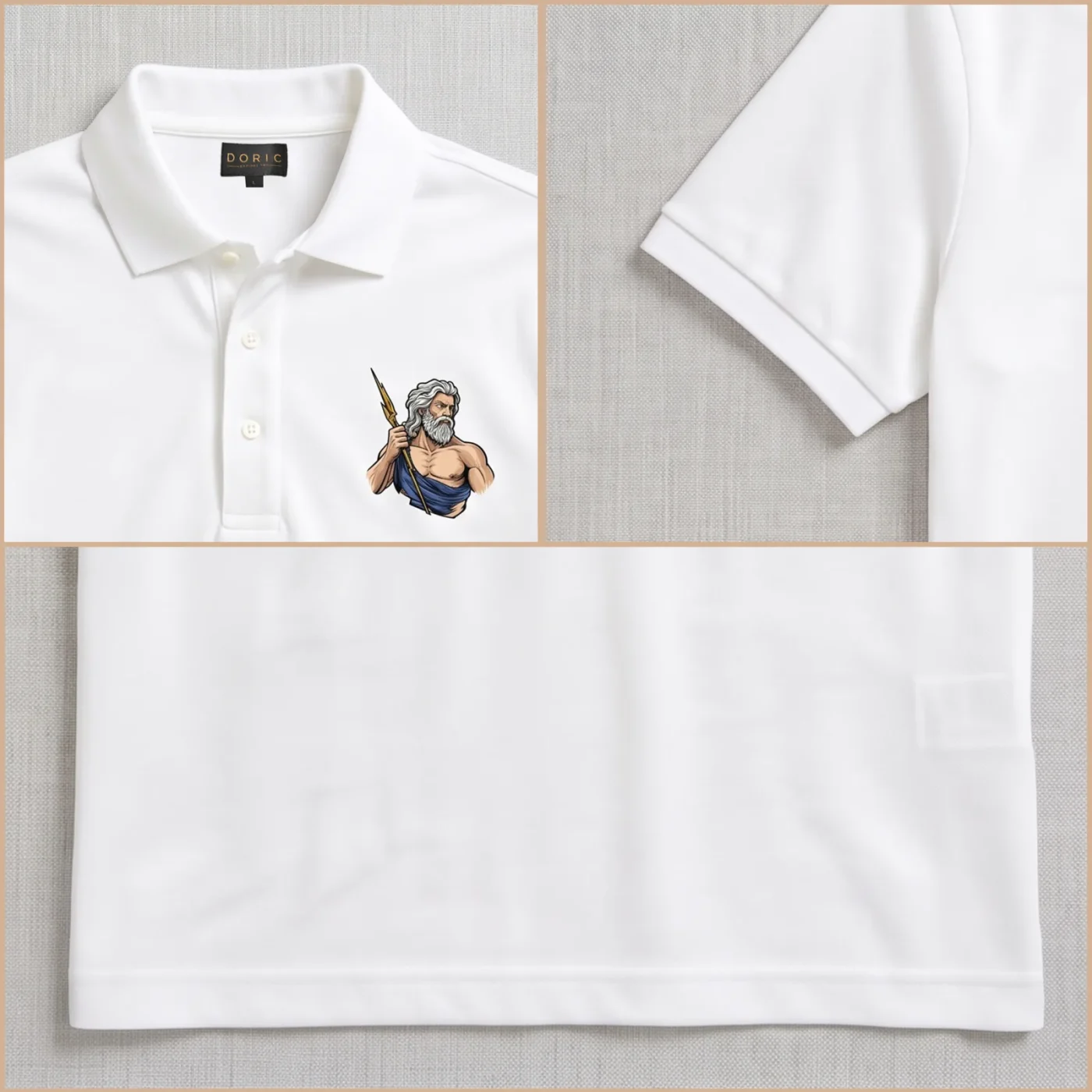Zeus Polo - White, collar, embroidery and hem detail